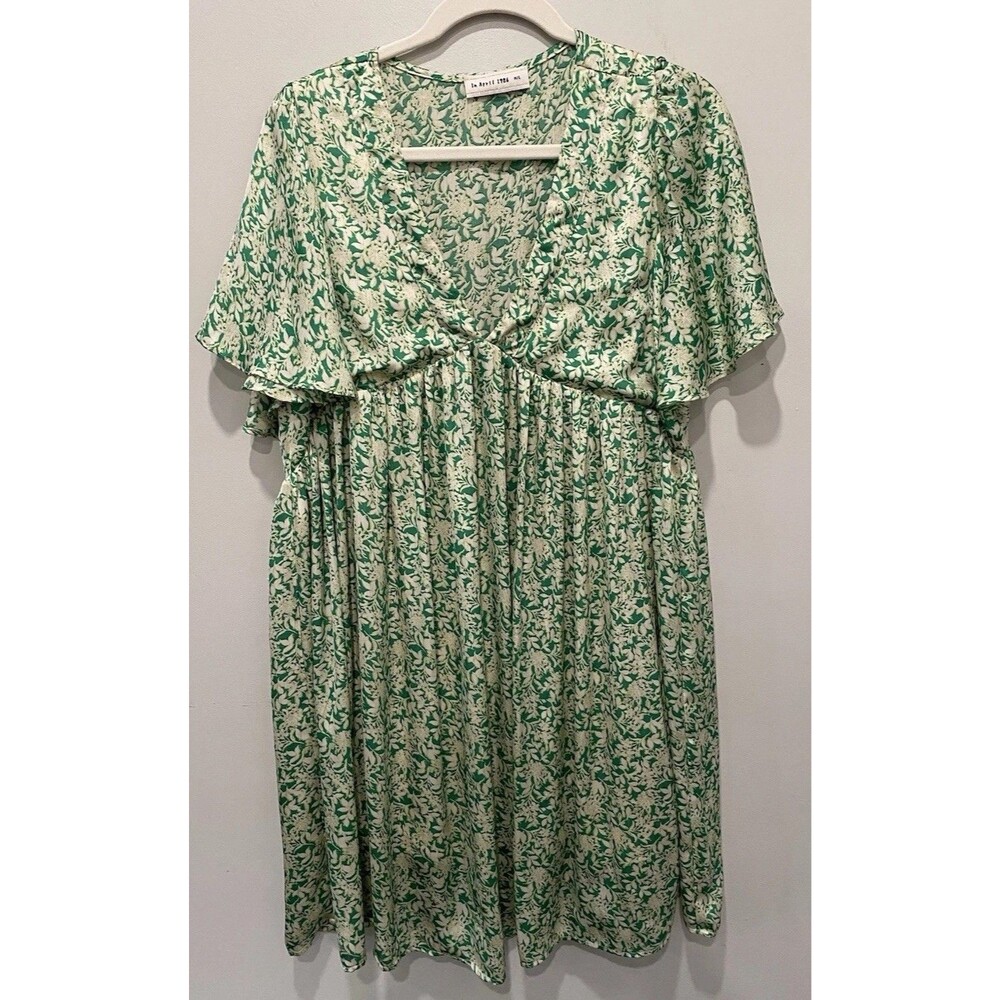 In April 1986 Baby Doll Flutter Sleeve Dress Green Floral Midi Sz M/L Boho Fairy